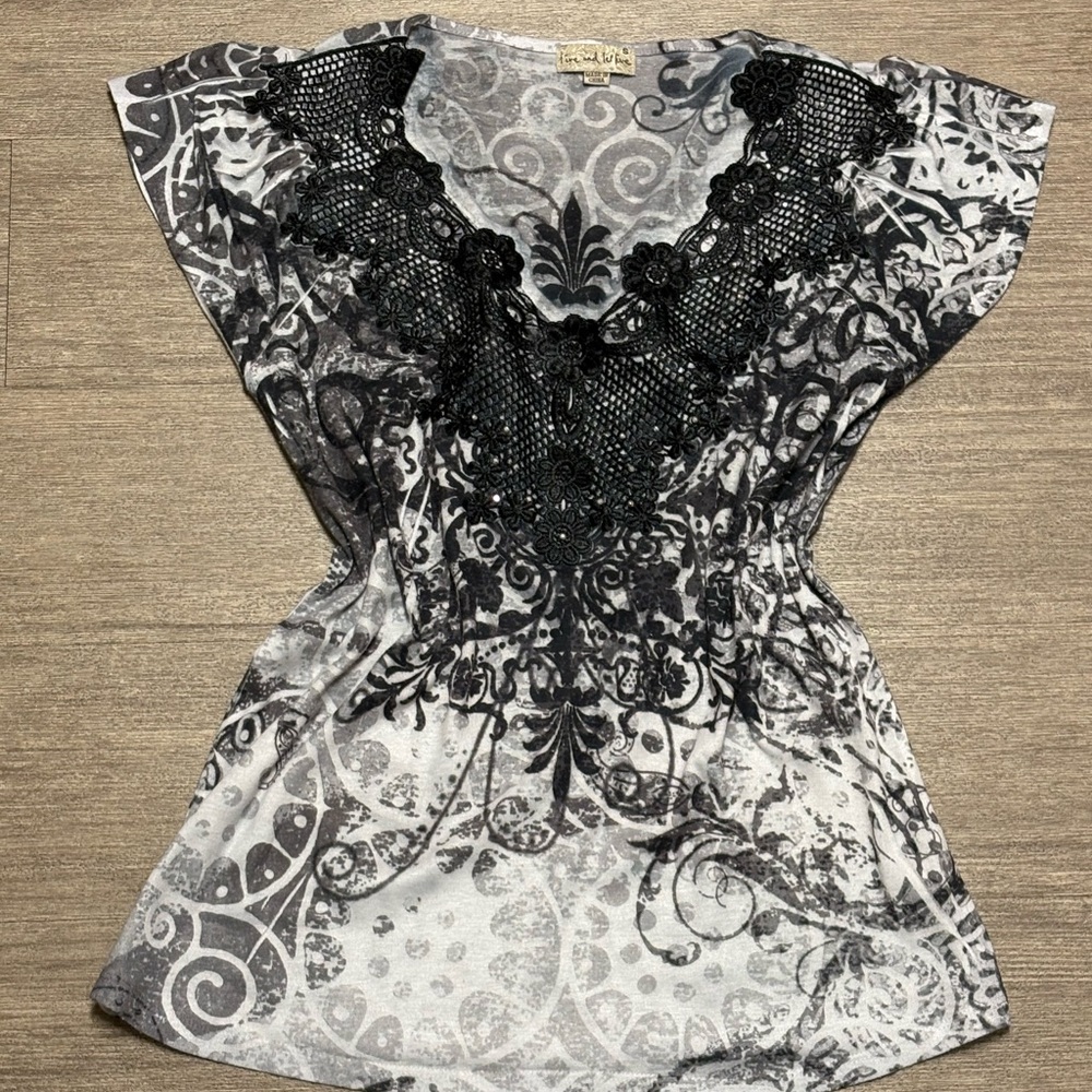 Grunge Live and Let Live Black and Gray Patterned Blouse